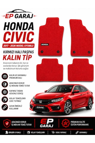Honda Cıvıc 2017 2026 Uyumlu Kırmızı Halı Paspas Takımı Kalın Tip