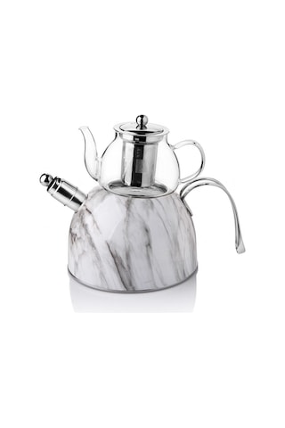 Nishev Mermer Düdüklü Çelik Cam Çaydanlık Takımı Beyaz