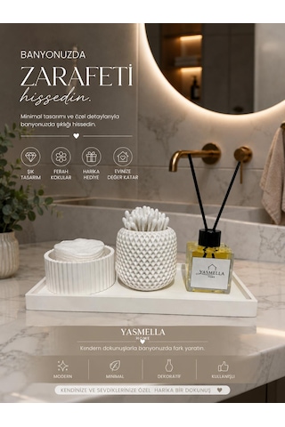 Minimal Beyaz Banyo Seti + Pamukluk + Kulak Çubuğu Kabı + Soft Romantica Difüzör + Dekoratif Tepsi
