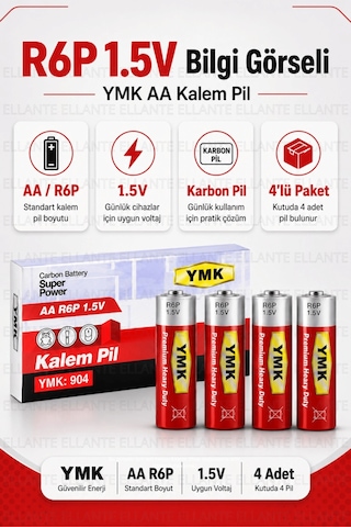 Ymk Aa R6p 1.5v Karbon Kalem Pil 4'lü Paket Kumanda, Saat, Oyuncak Ve El Feneri İçin Ekonomik Pil