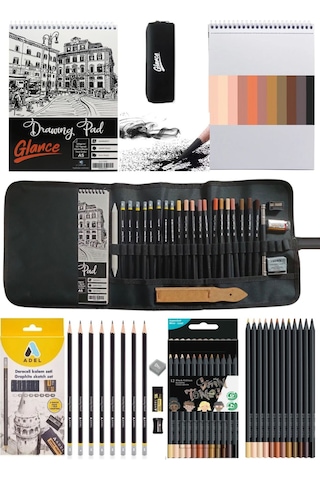 Eskiz Defteri A5 120 Gr 50 Yp Black Edition Boya Kalemi 12 Renk Cepli Siyah Kalemlik 24 Bölmeli Set