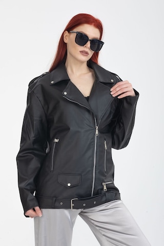 Pin Fashion Kadın Oversıze Tarz Uzun Deri Ceket Siyah Siyah