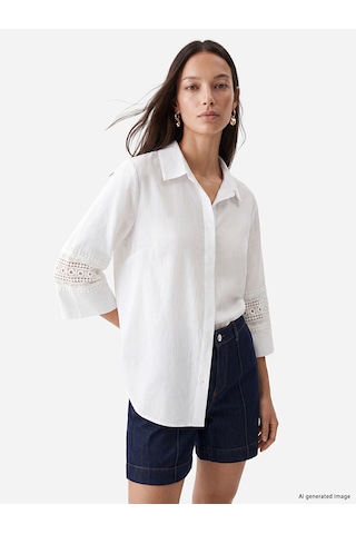Lcw Everyday Ekru Gömlek Yaka Nakışlı Oversize Bluz