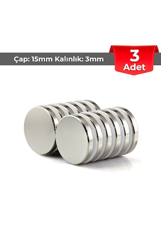 3 Adet Neodyum Mıknatıs Çap: 15mm Kalınlık: 3mm D15x3 Ndfeb Güçlü Mıknatıs Yuvarlak N093