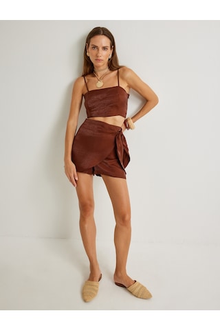 Koton Koton X Şahika Ercümen - Kruvaze Mini Şort Etek Parlak Lyocell Kumaş Slim Fit Kahverengi 4sak70273ew Kahve