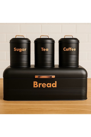4 Lü Mutfak Seti Ekmeklikçay Kahve Şekerlik Siyah 43x20 Antrasit