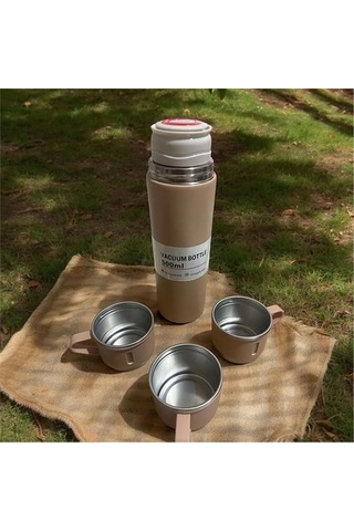 Kişiselleştirilebilir 3 Bardaklı Çelik Termos 05 Lt Kahverengi Kahverengi