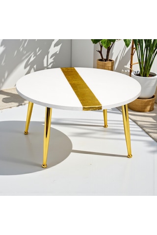 Aurum Blanc 60 Cm Beyaz & Altın Modern Orta Sehpa Gerçek Altın Varaklı Yüksek Parlak Epoksi Tasarım, Modern Lüks Ev Dekoru Beyaz - Altın
