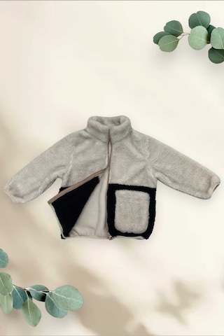 Kız Çocuk Peluş Ekru Siyah Cepli Fermuarlı Welsoft Kışlık Mont Ekru