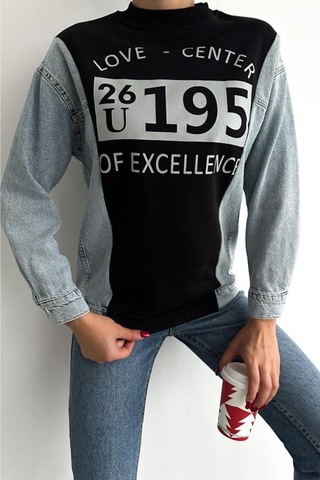 Femelle Kadın Baskılı Kolu Kot Içi Şardonlu Pamuk Sweatshirt siyah