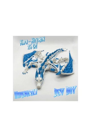 Atatug Dev Boy İpeksi Royal Mavi Ve Beyaz Kanatlı Ejderha Figürü - 23x23 Cm 3d Baskı Hediye
