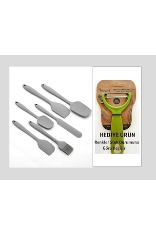 6&apos Lı Silikon Mutfak Spatula Seti, Bpa İçermez, Yüksek Isıya Dayanıklı, Gri Renk, Hediye Soyacak İle 0
