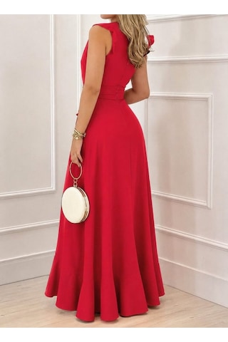 Butik İstanbul Kadın Askılı Kruvaze Yakalı Önü Volanlı Uzun Krep Elbise Kırmızı