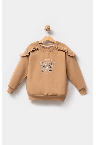 Overdo Kids Pamuklu Baskılı Uzun Kol Kız Çocuk Sweatshirt Kahverengi