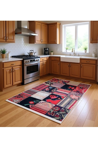 Blghome Çok Renkli Patchwork Desen Modern Halı Dekoratif Kilim Kırmızı