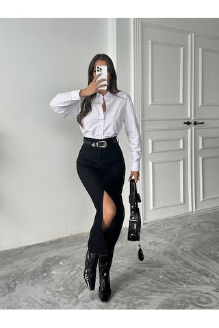 Kadın Ucu Kesik Ön Yırtmaç Kot Etek Si Yah