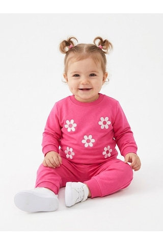 HelloBaby Pamuklu Papatya Detaylı 2li Kız Bebek Takım Fuşya