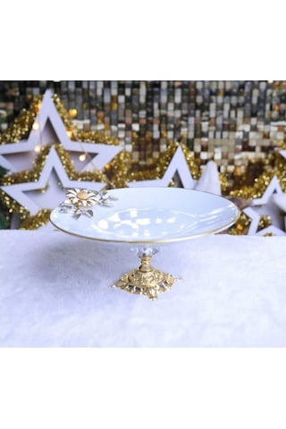 Çnr Home Collection Metal Ayakli Yaldizli Porselen Sunumluk Kurabikyeli Beyaz