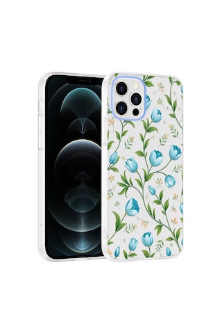 Apple iPhone Uyumlu 12 Kılıf Kamera Korumalı Desenli Zore Klip Kapak - Mavi Lale -