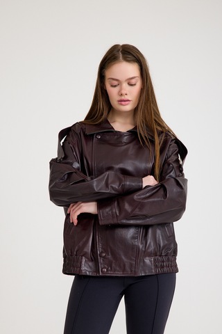 Oversize Kısa Bayan Deri Ceket Vb-14-bk-2847-24115 Bordo