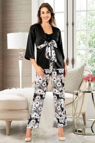 Faal 4910 Kadın Saten Sabahlıklı İp Askılı Pijama Takım-siyah Siyah