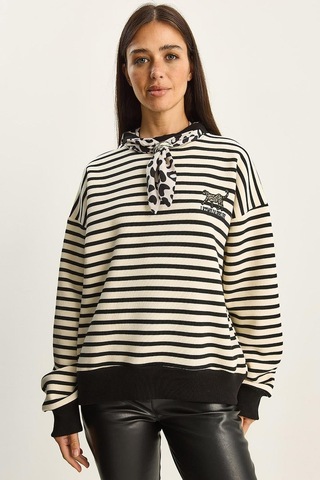 Shade Kadın Fular Detaylı Leopar Nakışlı Çizgili Üç İplik Şardonlu Oversize Sweatshirt 6973 60283818 - Ekru-siyah Çok Renkli