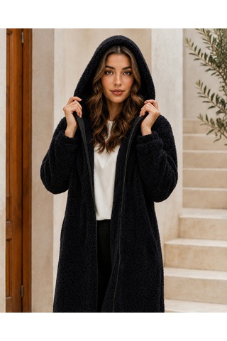 Unika Boutique Kadın Welsoft Fermuarlı Kapüşonlu Uzun Polar Hırka Siyah