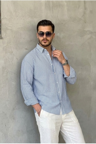 Etiler Collection Erkek İnce Çizgili Gofre Kumaş Rahat Kalıp Gömlek Lacivert