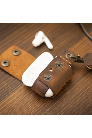 Apple Uyumlu AirPods Pro Deri Kılıf - El Yapımı & Gerçek Deri - Camel
