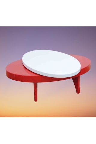 Orta sehpa Döner OVAL RUS TARZ Model Kayın Retro Ayak Mdf Tabla Parlak Beyaz ve Kırmızı El Yapım
