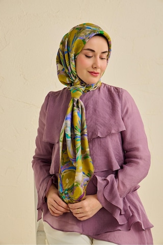 Silk Home Tivil İpek Eşarp Ist 11501- 02 Yağ Yeşili Çiçek Desen Bej