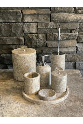 Yeni Silver Gümüş Traverten 7'li Banyo Seti Aksesuarlı Beyaz