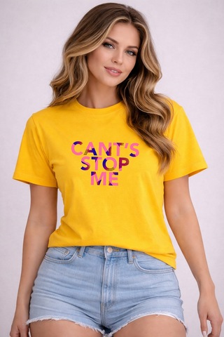 Herkesemoda Cant's Stop Me Baskı Detaylı Basic T-shirt Sarı