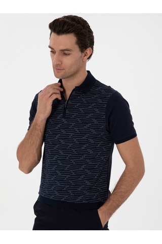 Lacivert Regular Fit Fermuarlı Polo Yaka Desenli T-shirt