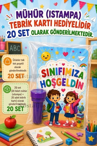 Sınıfımıza Hoşgeldin Yazılı 20 Adet Hediye Seti 1. Sınıf- Sene Başı Hatırası Mühür Istampa Tebrik Kartı Hediyeli
