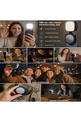 Buffer Çıkarılabilir Ayna Özellikli Manyetik Cep Telefonu Led Video Işığı, 5 Farklı Işık Modu Ve 5 Kademeli Işık Gücü A