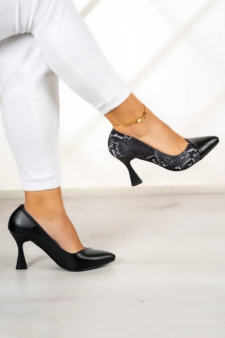 Jatqılı Plus Siyah Yılan Kadeh Topuklu Ayakkabı Siyah Yılan