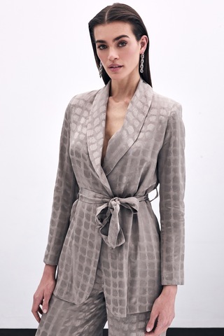 Sateen Kare Desenli Kuşaklı Ceket - Vizon-135790 Vizon
