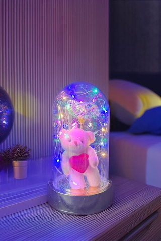 Anneler Gününe Özel Galaxy Rose Yapay Gül Ayıcıklı Fanus Lamba Usb Yapay Çiçek Dekoratif Hediyelik