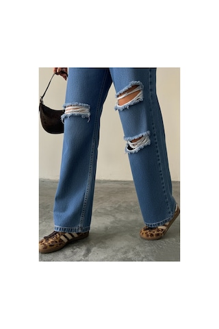 Blue Marlın Çift Diz Lazer Yırtık Boyfriend Bol Paça Jeans Mavi