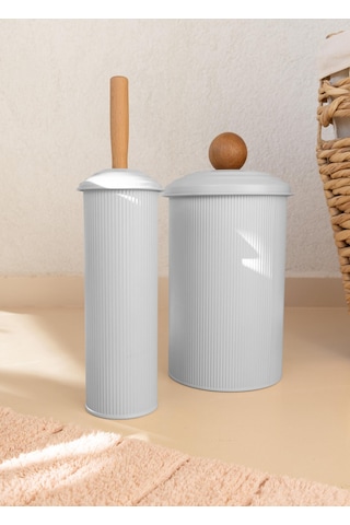 The Mia Stripe Çöp Kovası & Tuvalet Fırçası Banyo Seti Beyaz Beyaz