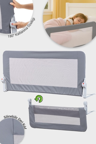Wellgro Premium 120x65 CM Deri Kılıflı Yatak Bariyeri Katlanır Yatak Korkuluğu Gri