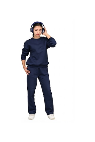 Erdem Kıds Unisex Kız-erkek Çocuk 3 İplik Şardonlu Pamuklu Basic Bisiklet Yaka Okul Eşofman Takımı Lacivert Lacivert