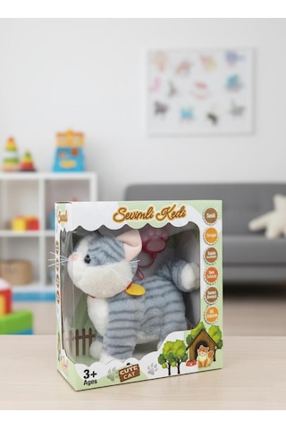 Sevimli Kedi Kumandalı Sesli Miyavlıyan Dil Çıkaran 5 Fonksiyonlu Oyuncak Peluş Hayvan Beyaz Gri Çok Renkli