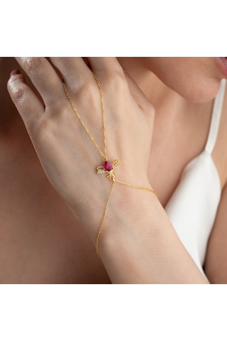 Vaoov 925 Ayar Gümüş Kırmızı Taşlı Arı Şahmeran Bileklik Gold