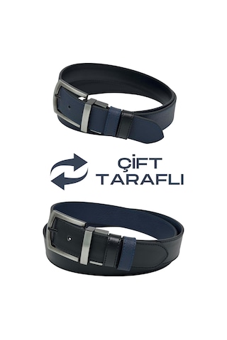 Süzer Deri 4 Cm. Çift Taraflı Spor Model Suni Deri Unisex Kot Kemer Lacivert/siyah Lacivert