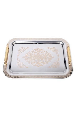 Paslanmaz Çelik Lüks Model Gold Desen Çay Kahve Tepsisi 34,5 X 24,5 Cm Altın - Gold