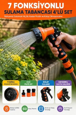 4 Lü Set - 7 Fonksiyonlu Bahçe Sulama Tabancası Hortum Başlığı Araç Yıkama Aparatı 4 Parça