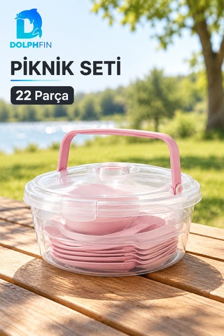 Piknik Seti 22 Parça 4 Kişilik Taşıma Kutulu Plastik Tabak Çatal Kaşık Seti Çok renkli