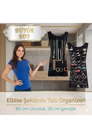 Siyah Elbise Şeklinde Takı Organizeri Çift Taraflı Takı Düzenleyici Askılı Küpe Kolye Bileklik Toka Düzenleme